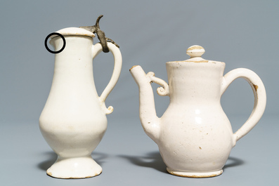 Four white Dutch Delft jugs, a pair of lobed plates and a large shaker, 17/18th C.